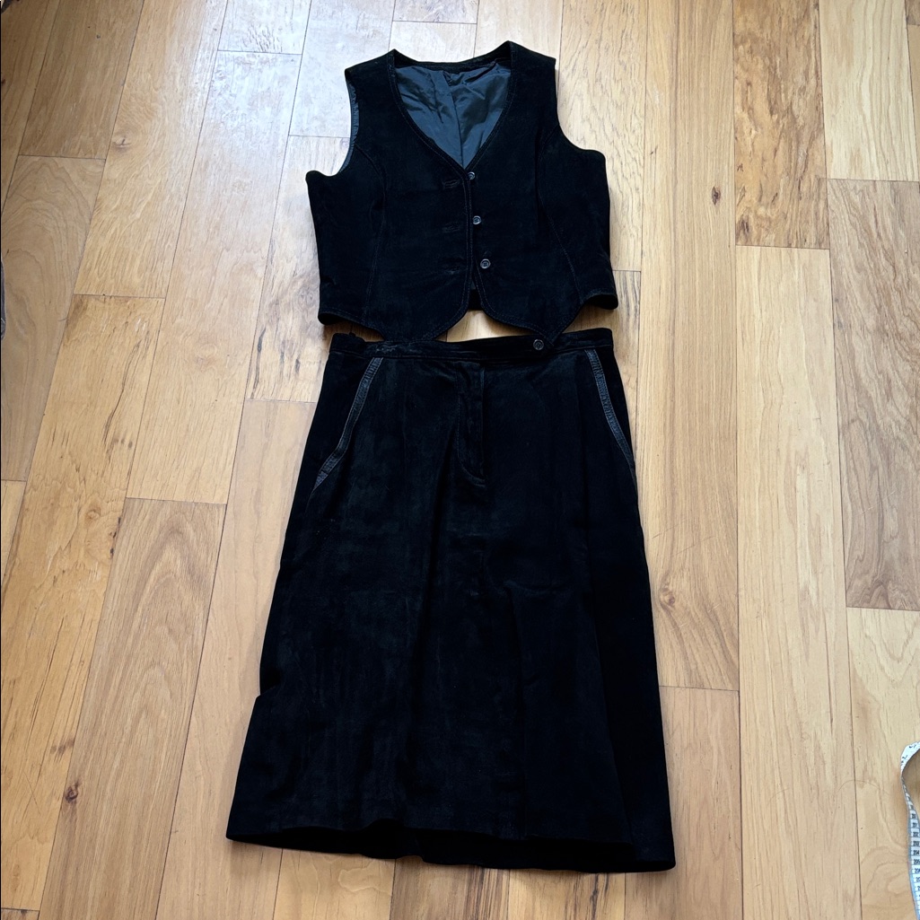 Vintage Black Suede Suit. Matching Vest And Skirt Size 6/8.